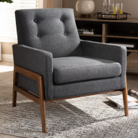 Baxton Studio BBT8042-Dark Grey-CC Perris Mid-Century Modern Dark Grey Fabric Upholstered Walnut Wood Lounge Chair